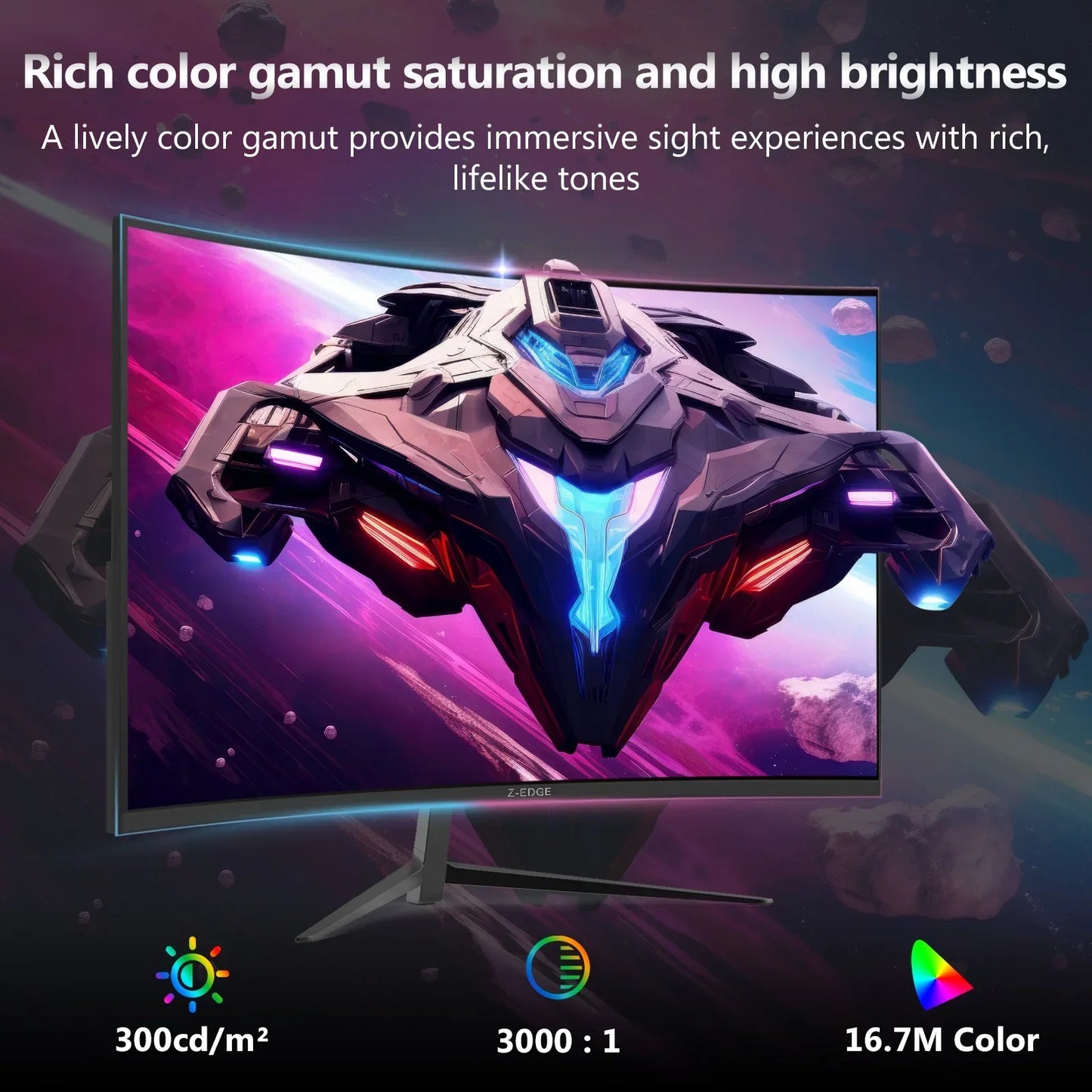 Curved gaming monitor displaying vibrant sci-fi spaceship with rich color gamut and high brightness