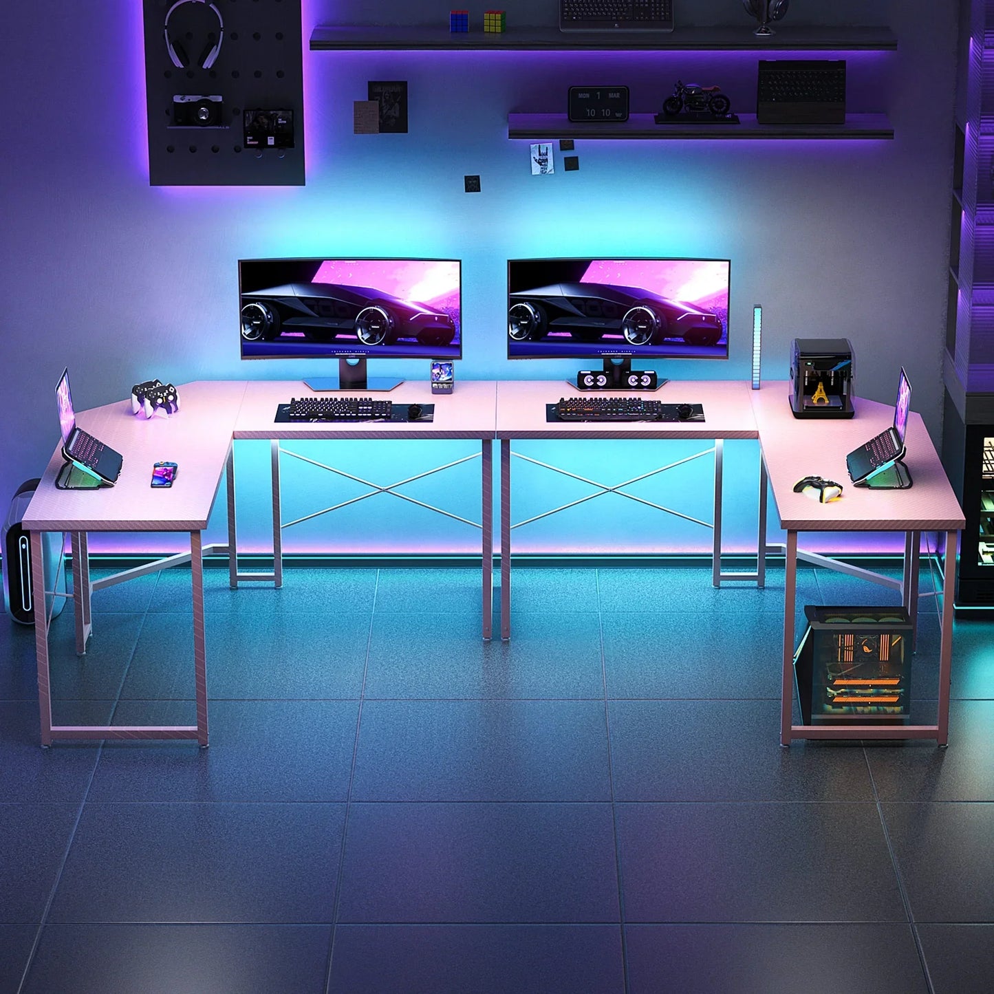 Computer Desk L Shaped, 51 Inch Reversible L Shaped Desk, Gaming Desk, Home Office Desk, Pink