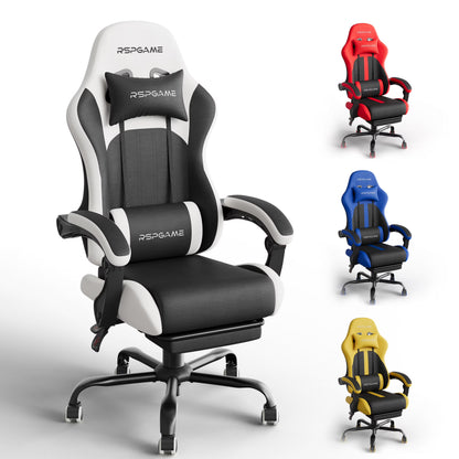 RSPGAME gaming chair in white/black with red, blue, yellow variants, featuring lumbar support and footrest for ergonomic comfort
