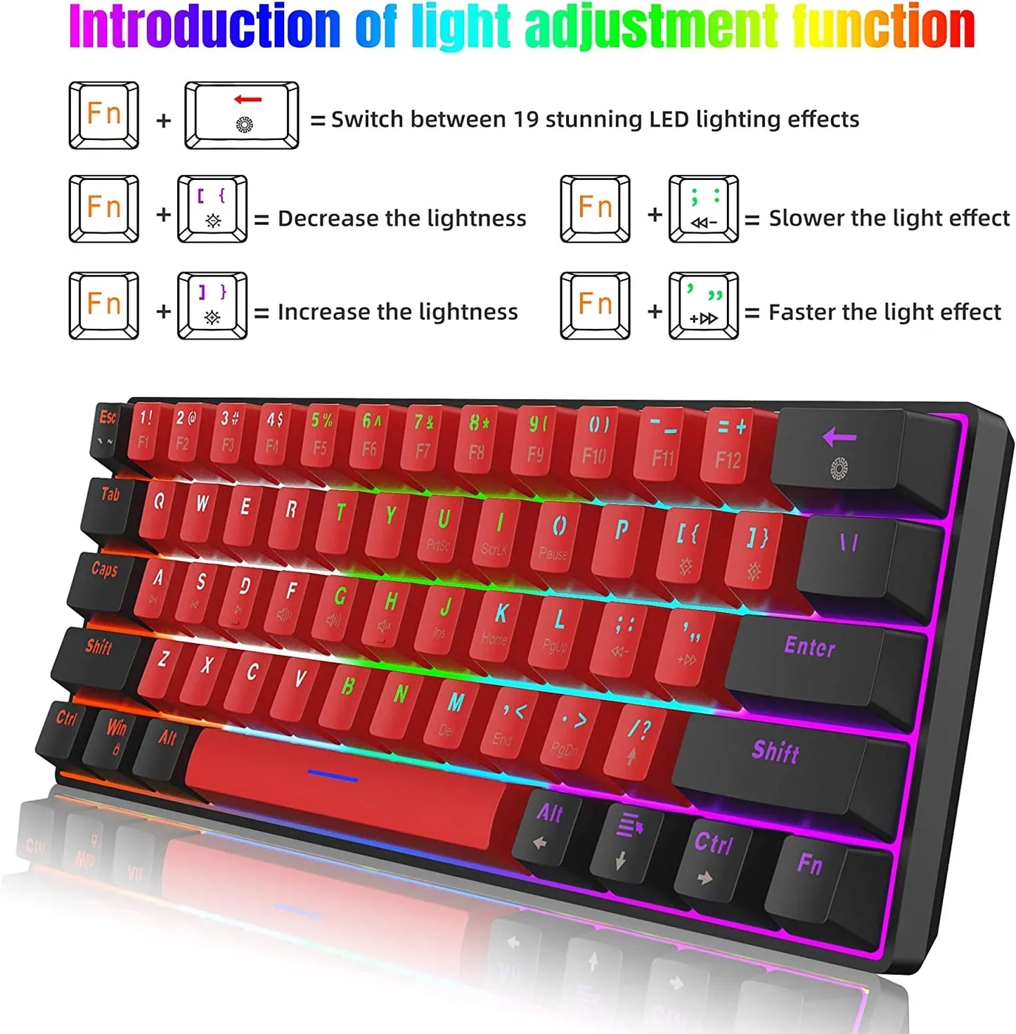 Mechanical gaming keyboard with red and black keycaps, RGB backlighting, and LED light adjustment instructions