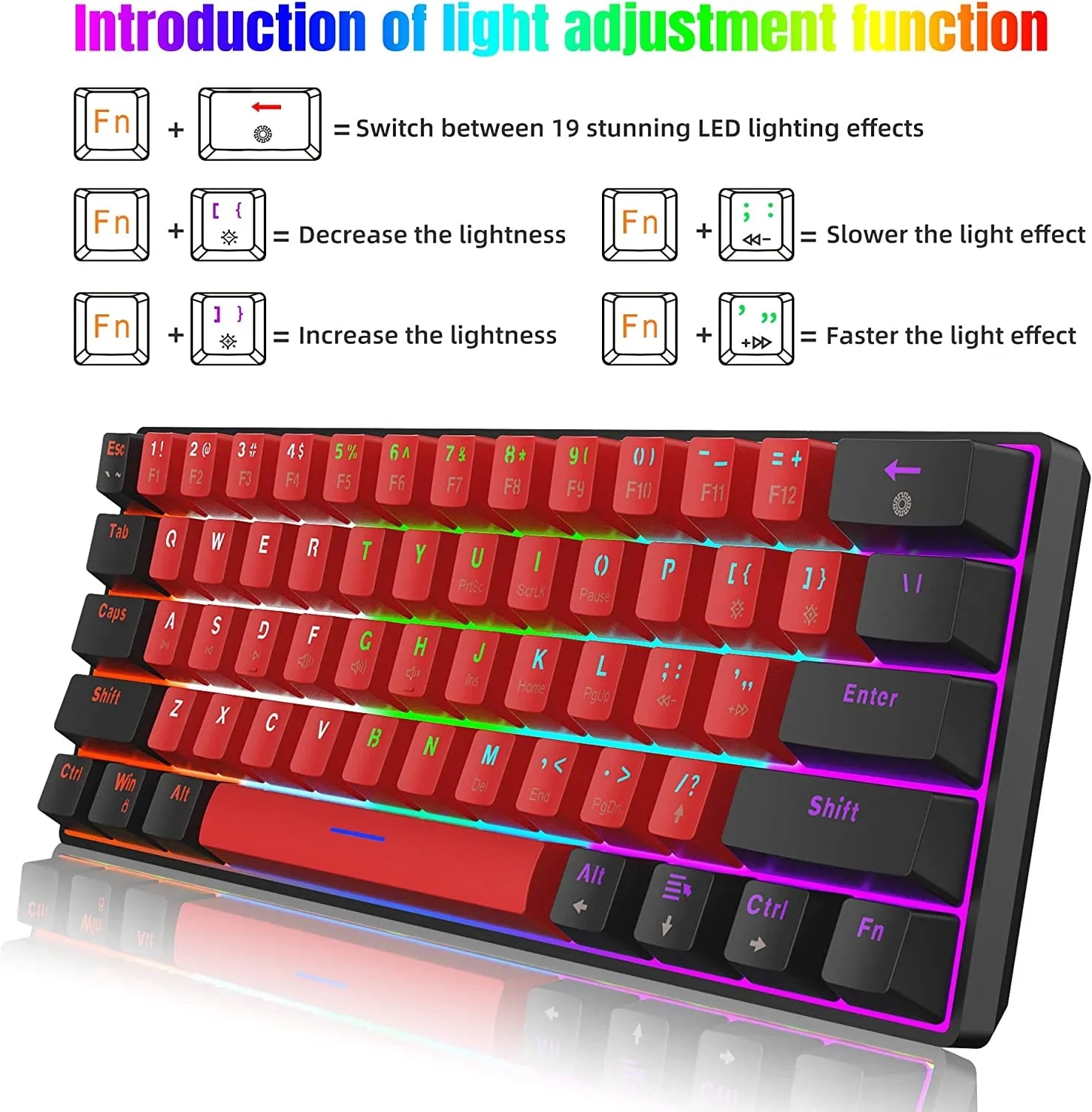 Mechanical gaming keyboard with red and black keycaps, RGB backlighting, and LED light adjustment instructions