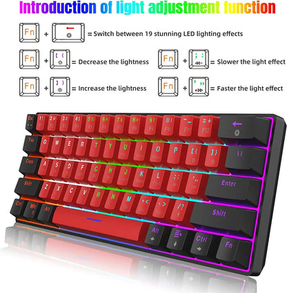 Mechanical gaming keyboard with red and black keycaps, RGB backlighting, and LED light adjustment instructions
