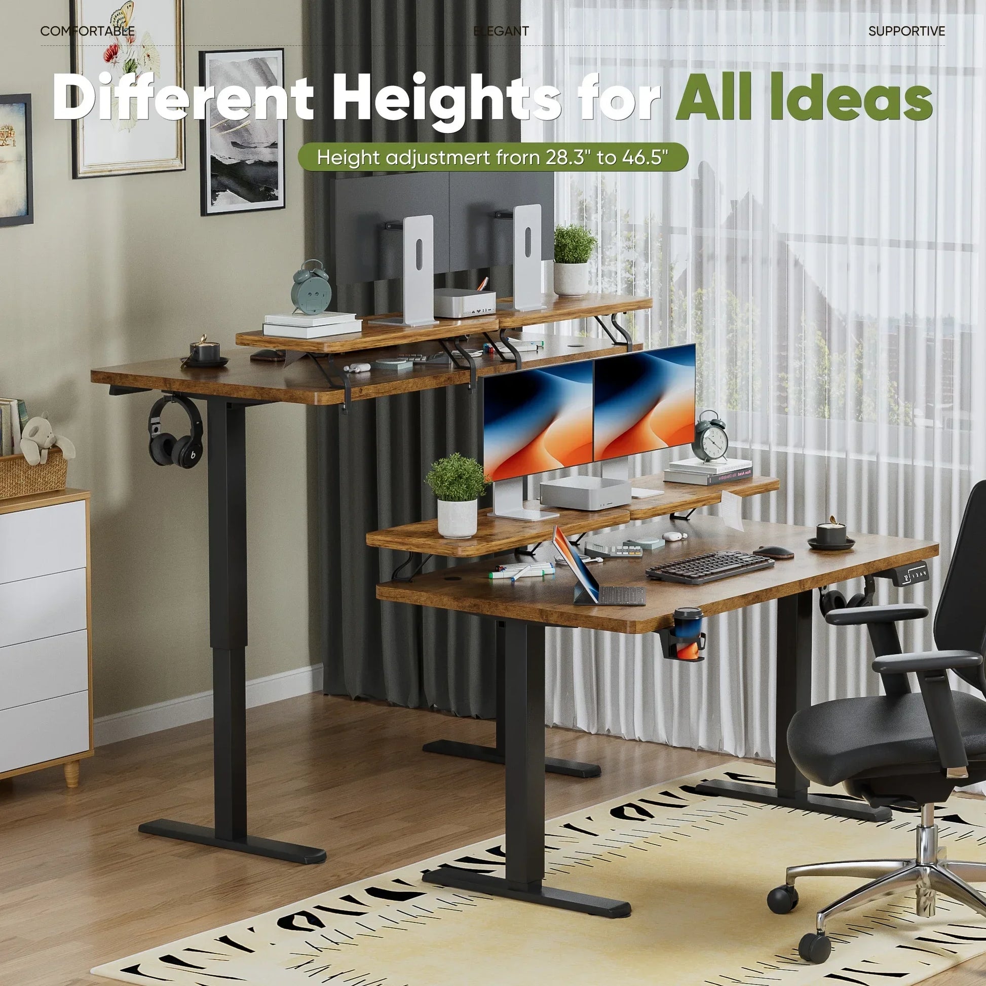 55" Wide Home Office Electric Height Adjustable Standing Desk Lifting Range 28~46" Computer Desk with Monitor Stand,Brown
