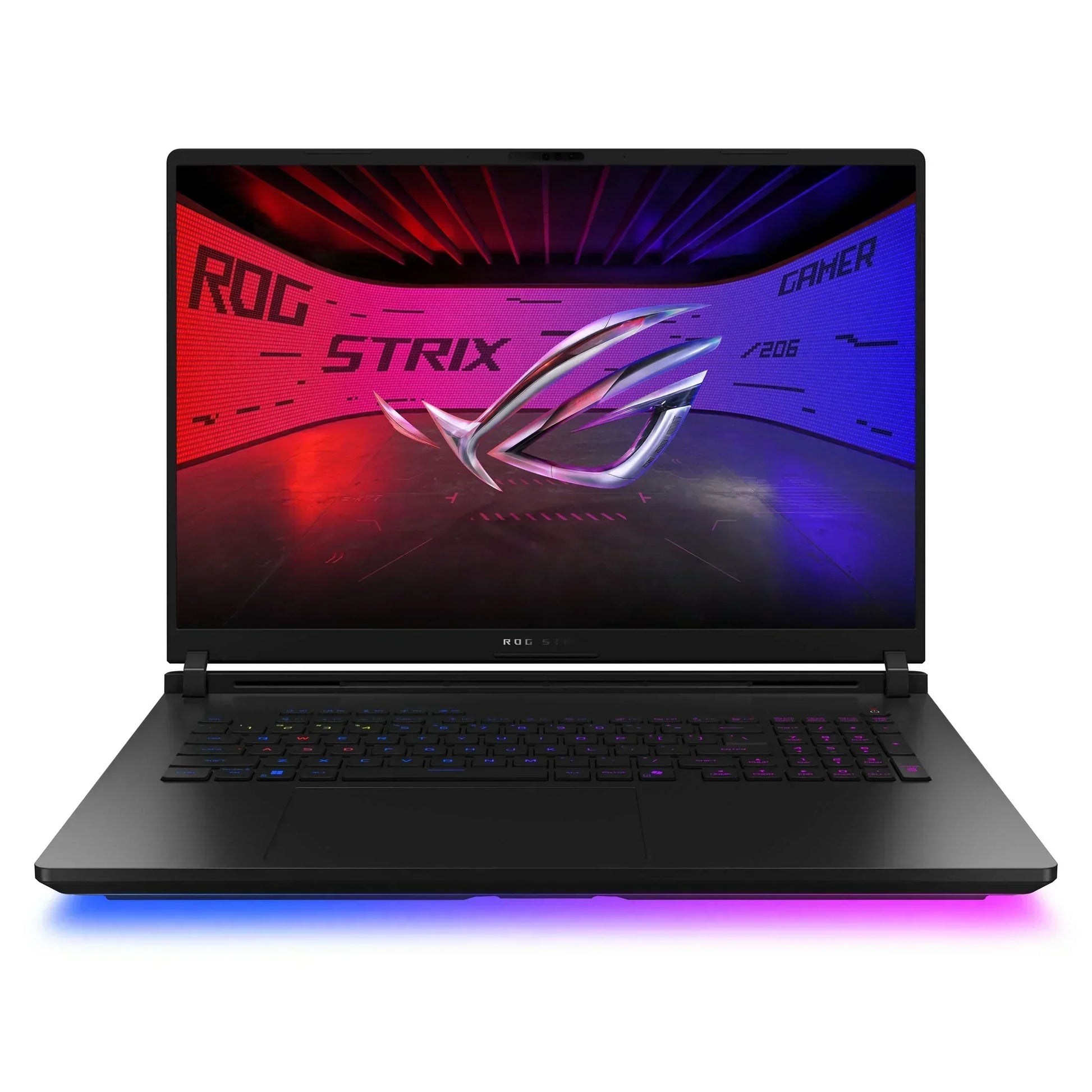 Gaming laptop with RGB lighting, black keyboard, ROG Strix logo on screen, futuristic background
