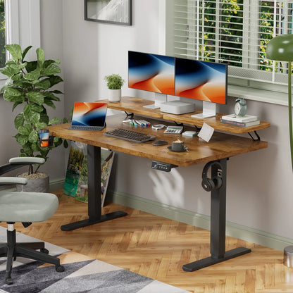 55" Wide Home Office Electric Height Adjustable Standing Desk Lifting Range 28~46" Computer Desk with Monitor Stand,Brown