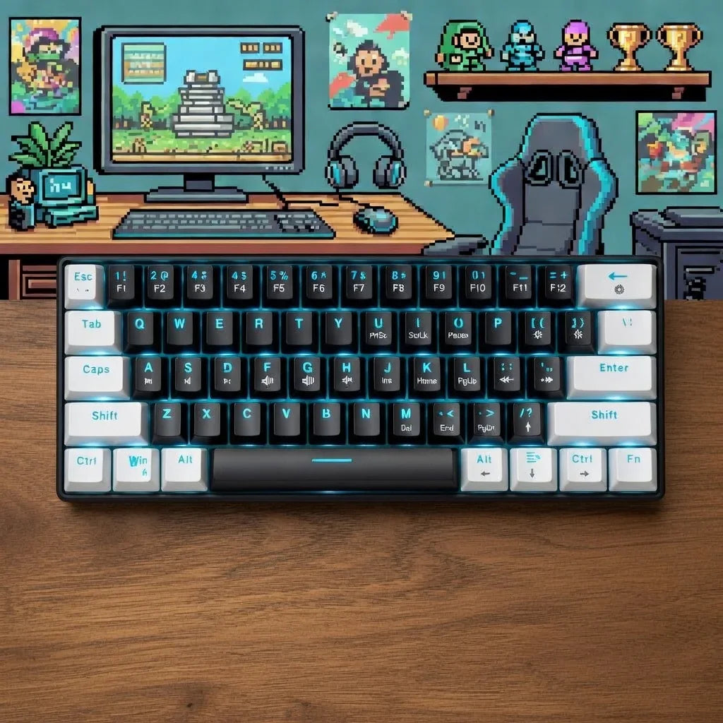 Snpurdiri 60% Wired Mechanical Gaming Keyboard | 61 Keys | Blue Switches | RGB | Waterproof | Ultra-Compact | Black & White