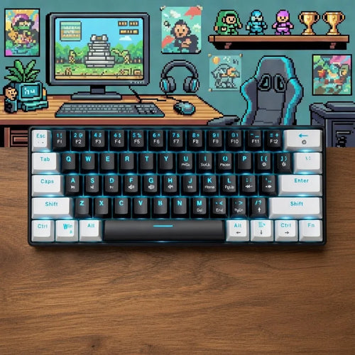 Snpurdiri 60% Wired Mechanical Gaming Keyboard | 61 Keys | Blue Switches | RGB | Waterproof | Ultra-Compact | Black & White