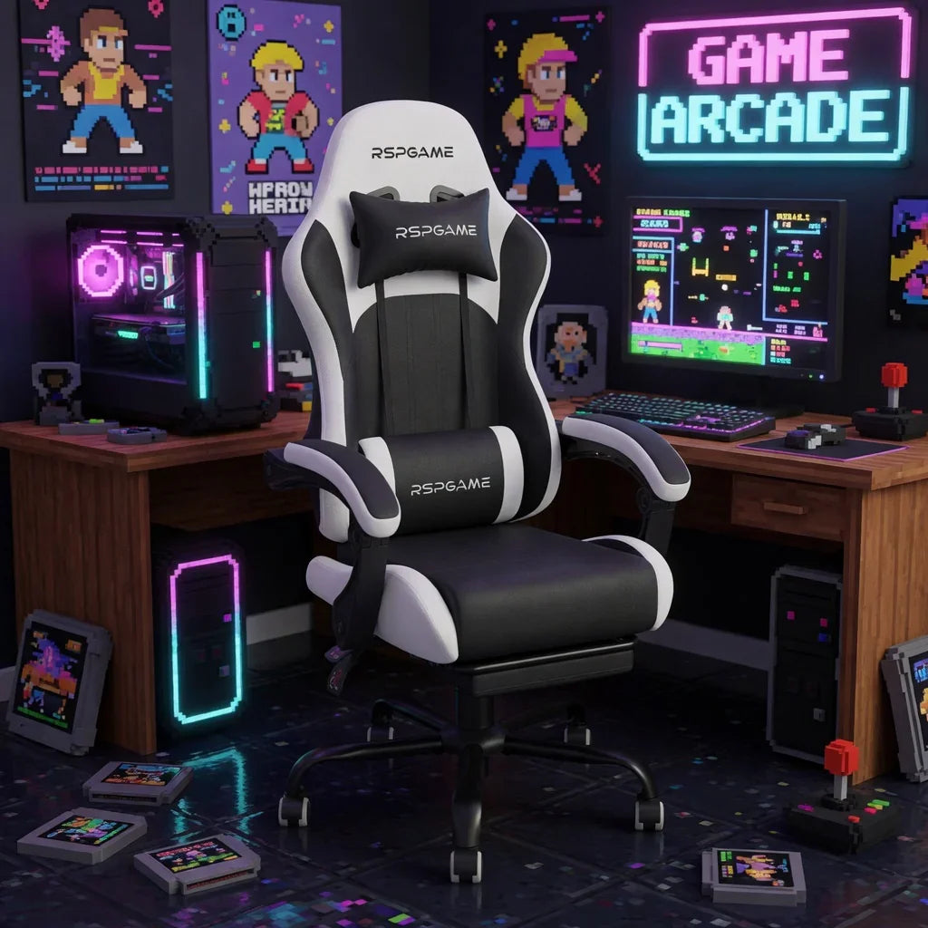 RSPGAME gaming chair in retro arcade setup with neon lights, pixel art, and RGB PC