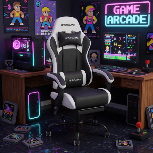 RSPGAME Gaming Chair | Pocket Spring Cushion | PU Leather | Lumbar Support | Retractable Footrestt
