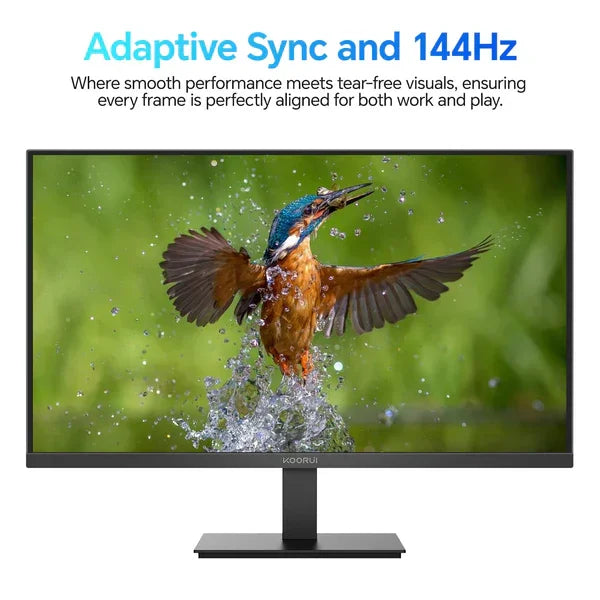 Koorui computer monitor displaying a vibrant kingfisher bird splashing water, highlighting adaptive sync and 144Hz smooth visuals