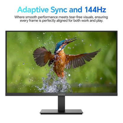 Koorui computer monitor displaying a vibrant kingfisher bird splashing water, highlighting adaptive sync and 144Hz smooth visuals