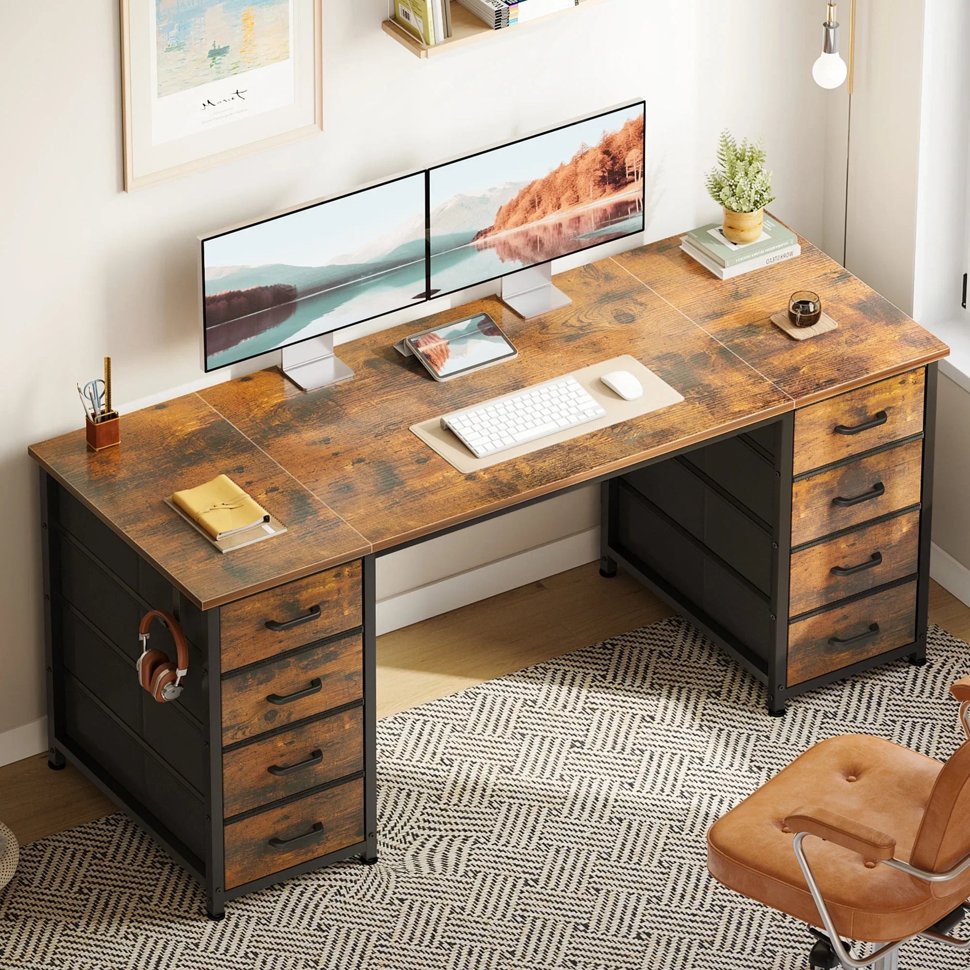 Vintage Computer Desk with Drawers for Storage - 55 Inch Home Office Desk with 8 Fabric Drawers, Writing Study Desk with Drawers on Both Sides for Bedroom