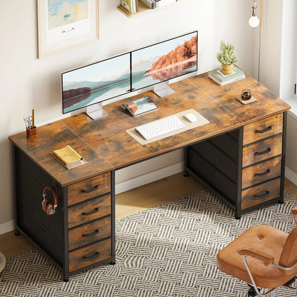 Vintage Computer Desk with Drawers for Storage - 55 Inch Home Office Desk with 8 Fabric Drawers, Writing Study Desk with Drawers on Both Sides for Bedroom