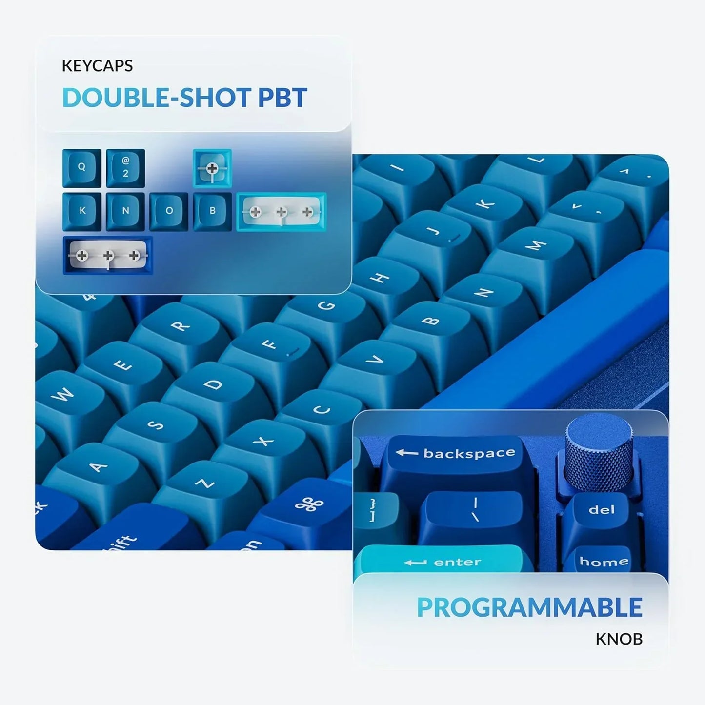 Blue gaming keyboard with double-shot PBT keycaps and a programmable knob