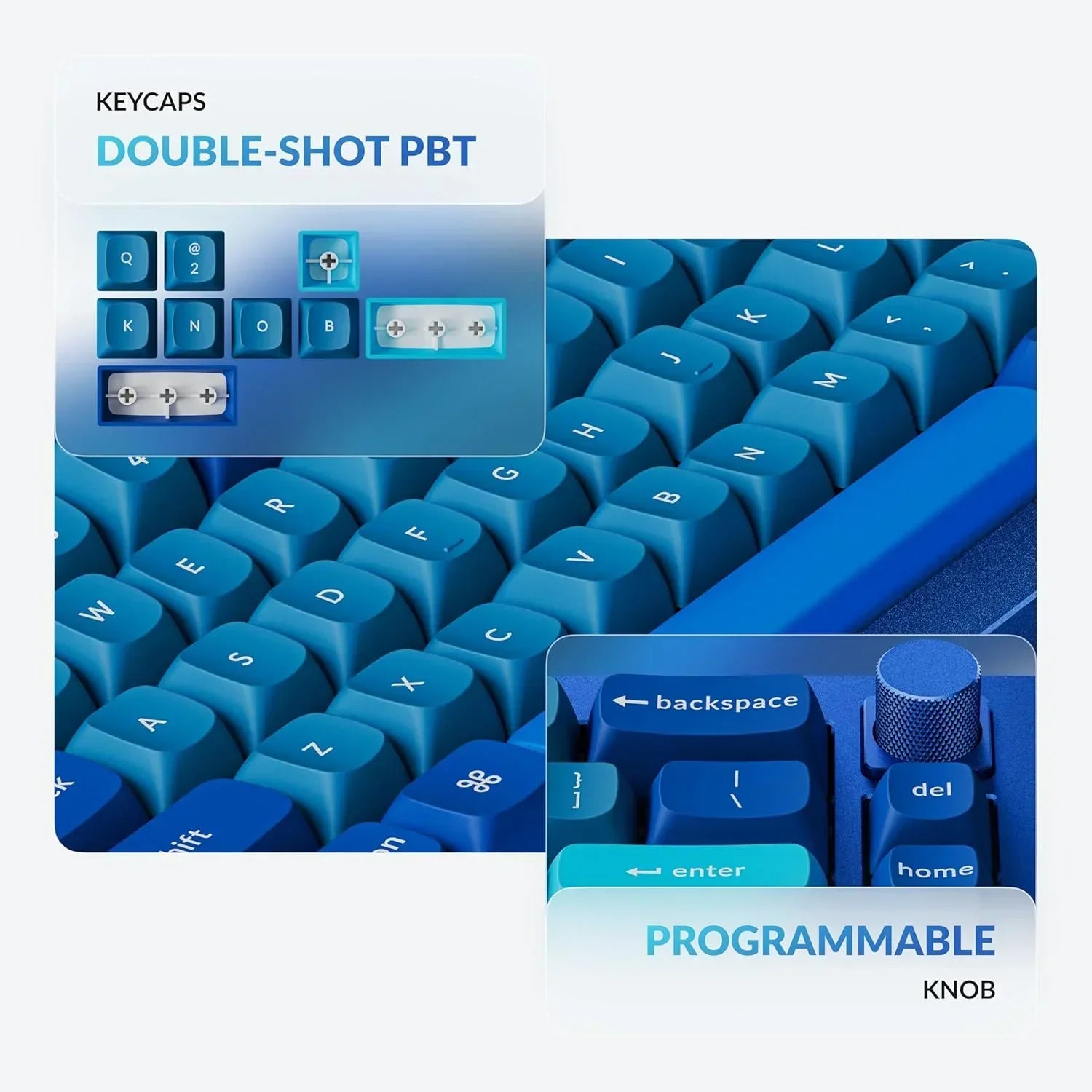 Blue gaming keyboard with double-shot PBT keycaps and a programmable knob