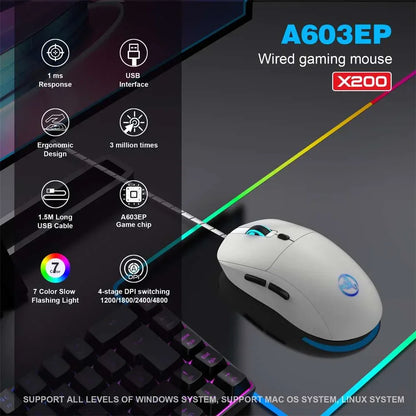 A603EP wired gaming mouse with 1 ms response, ergonomic design, 7 color slow flashing light, and 4-stage DPI switching