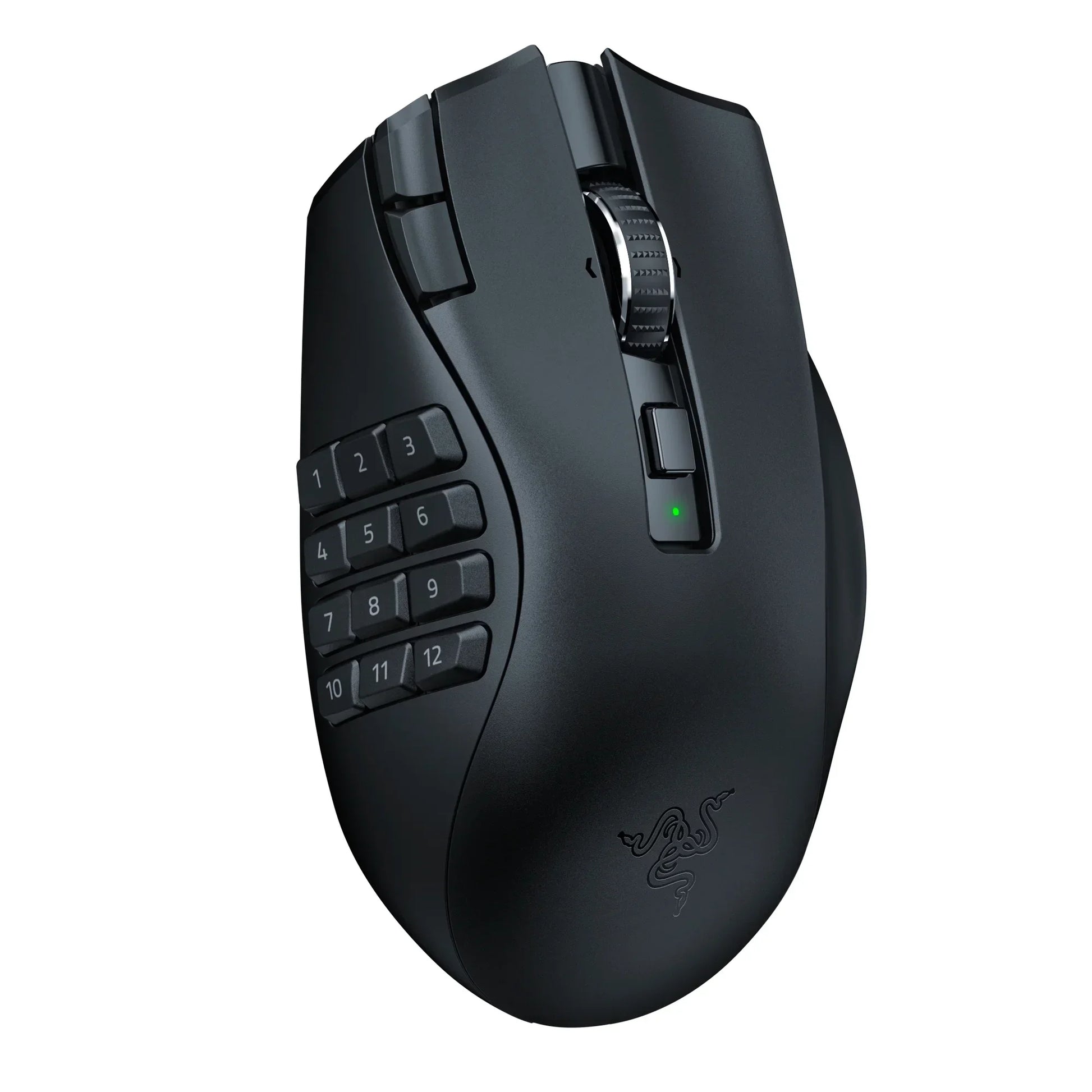 Black gaming mouse with 12 side buttons, scroll wheel, and green indicator light