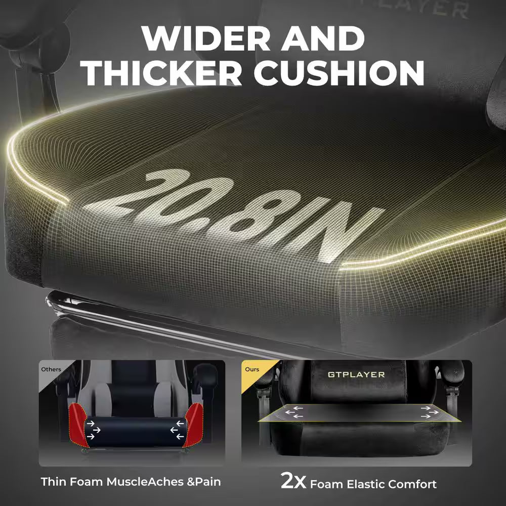 Gaming chair with wider 20.8in cushion, 2x foam elastic comfort vs thin foam, GTPLAYER branding