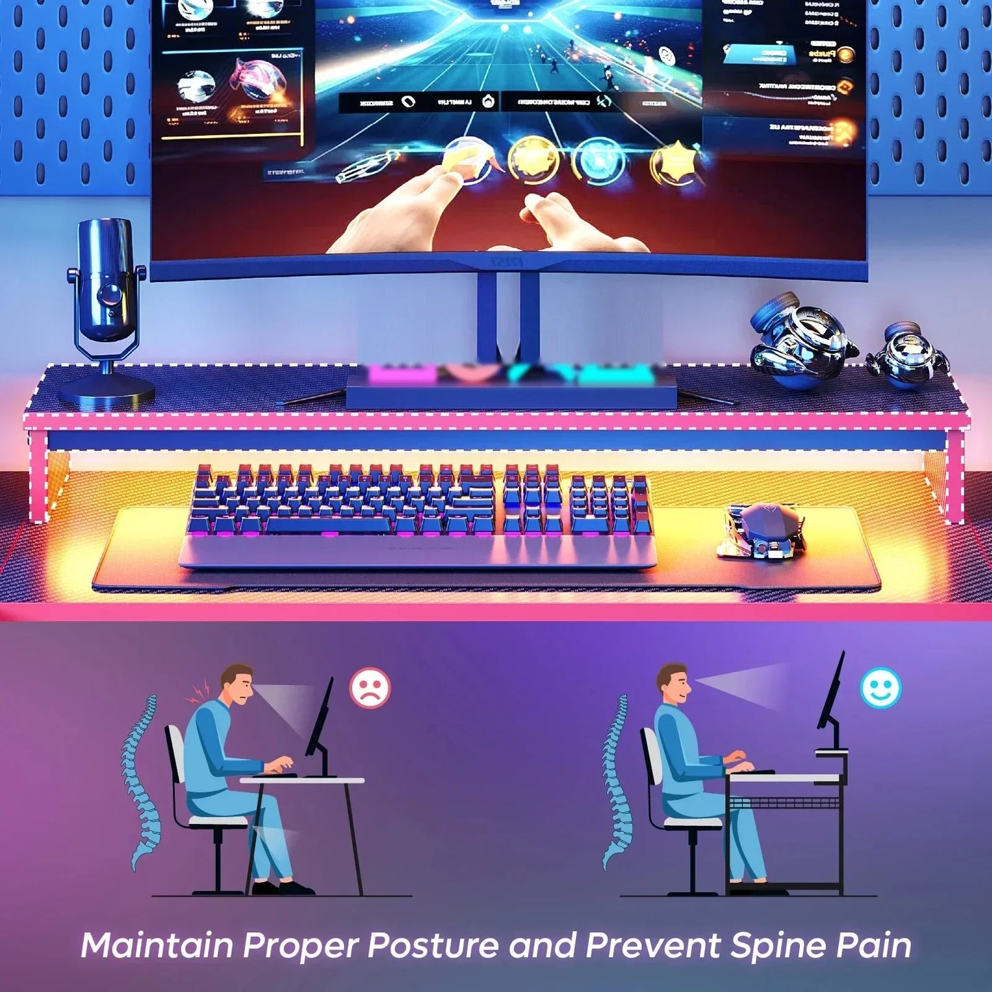 Ergonomic gaming setup with curved monitor, mechanical keyboard, gaming mouse, microphone, and posture infographic