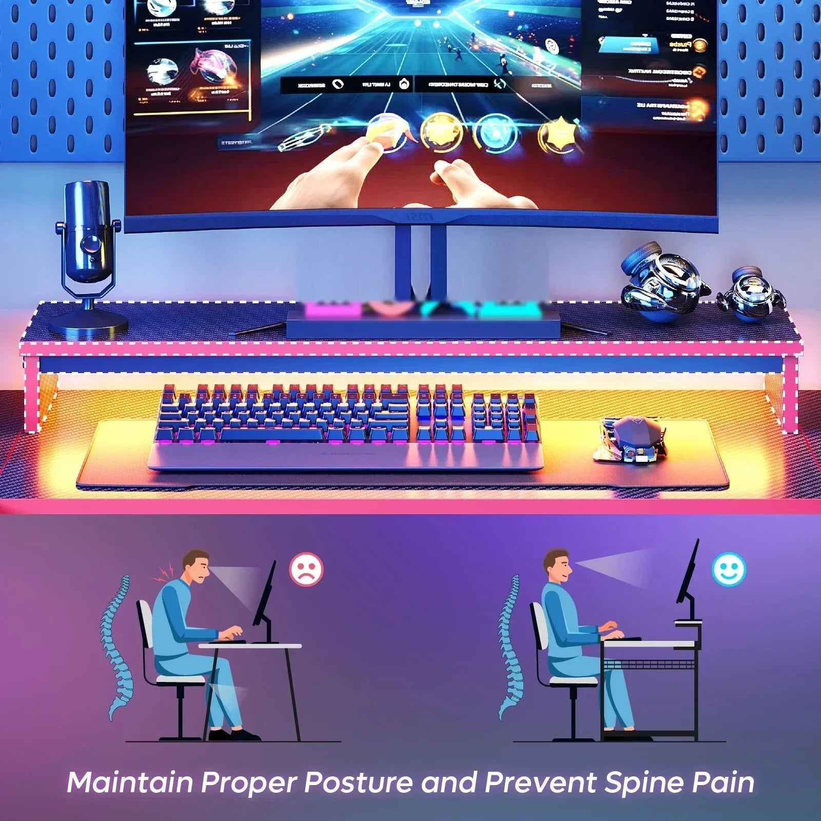 Ergonomic gaming setup with curved monitor, mechanical keyboard, gaming mouse, microphone, and posture infographic