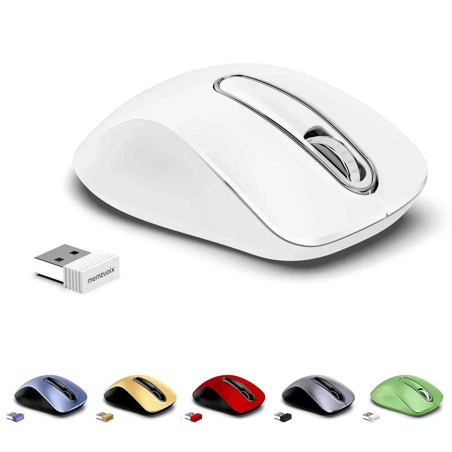 Wireless gaming mouse with USB receiver in white, blue, yellow, red, gray, and green colors