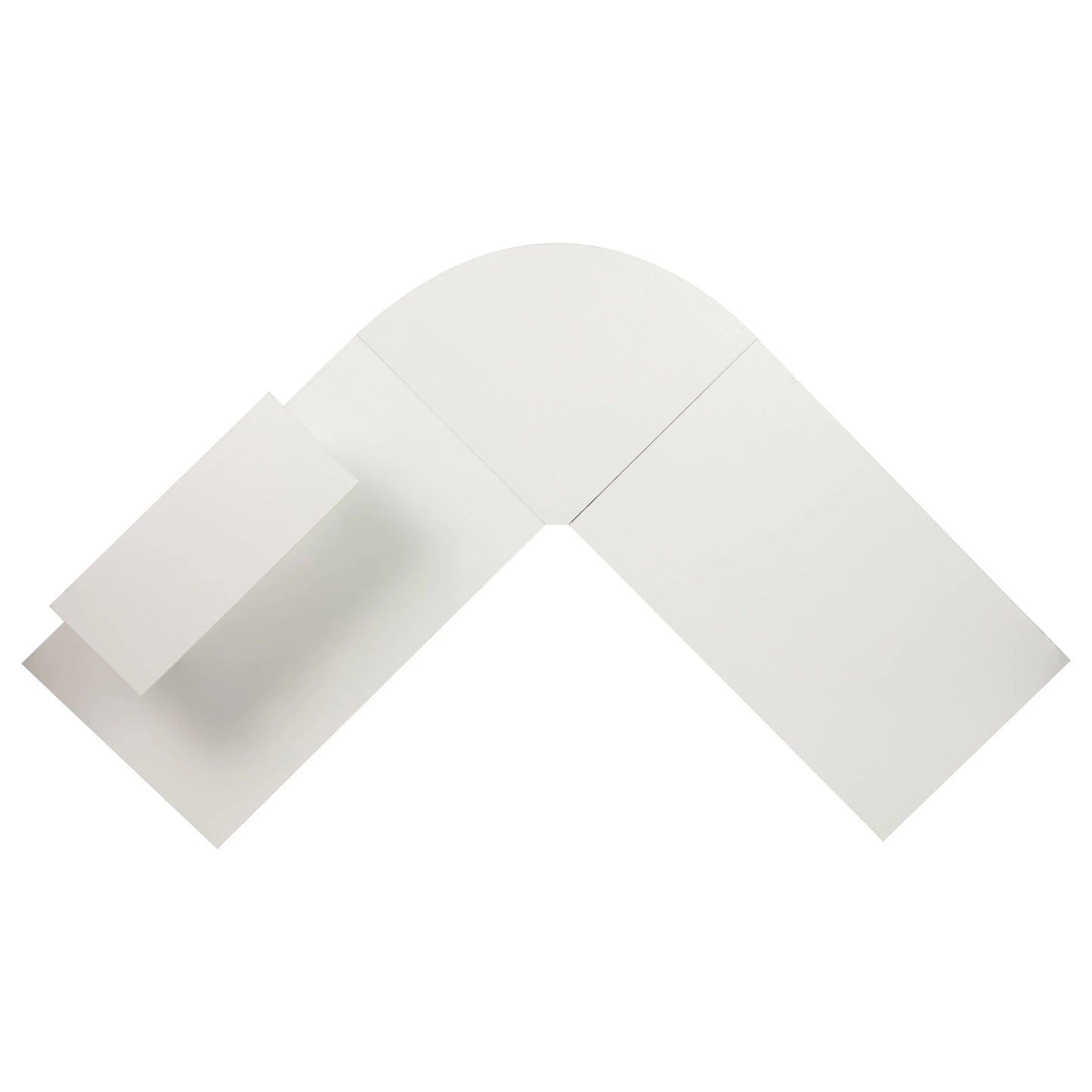 White L-shaped modular desk with attached rectangular shelf isolated on white background