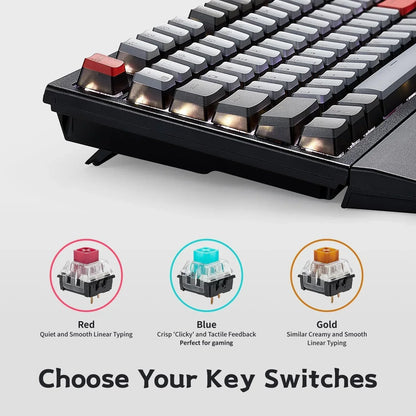 Mechanical gaming keyboard with RGB lighting, showing red, blue, and gold switch options.