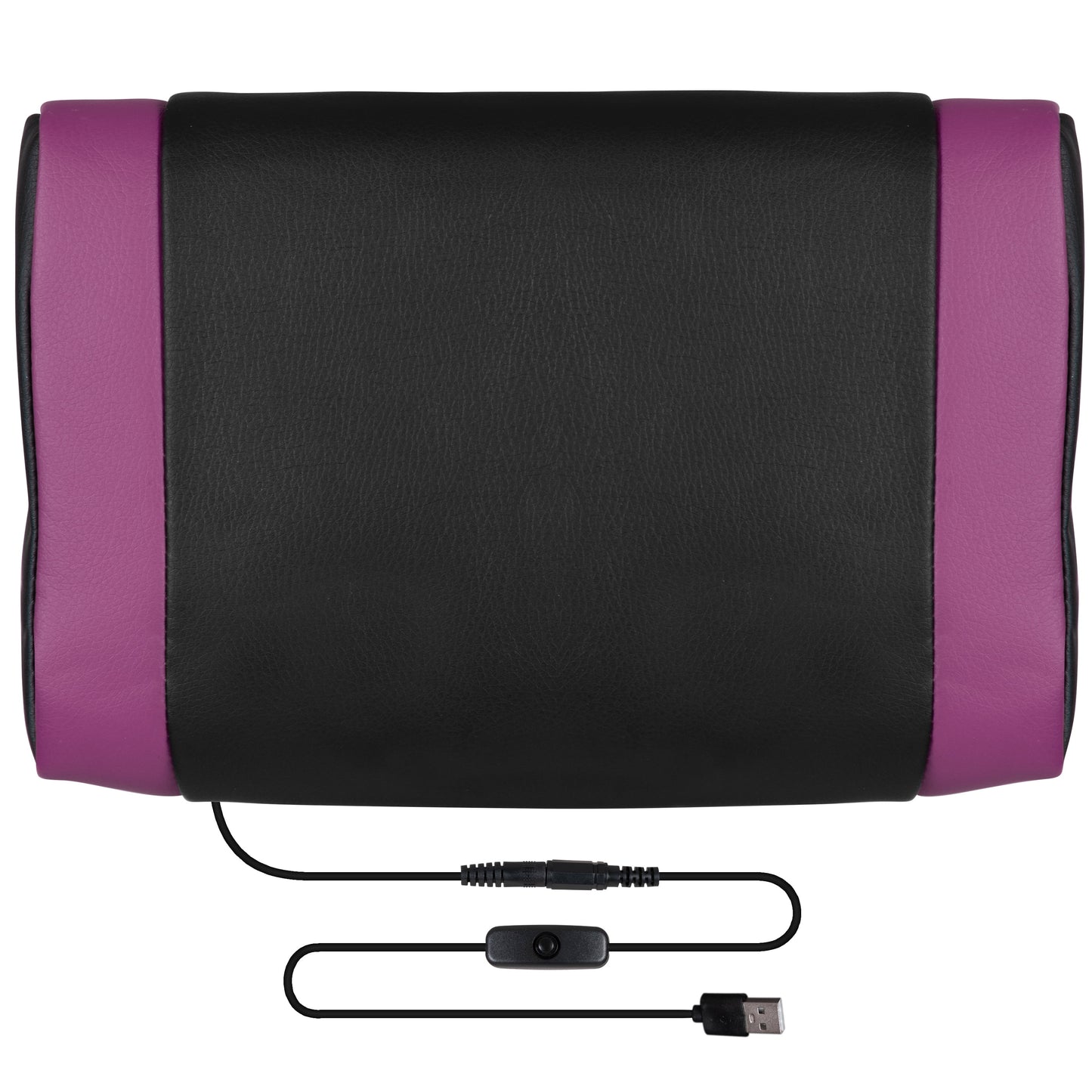 Black and purple USB-powered gaming neck pillow with textured surface