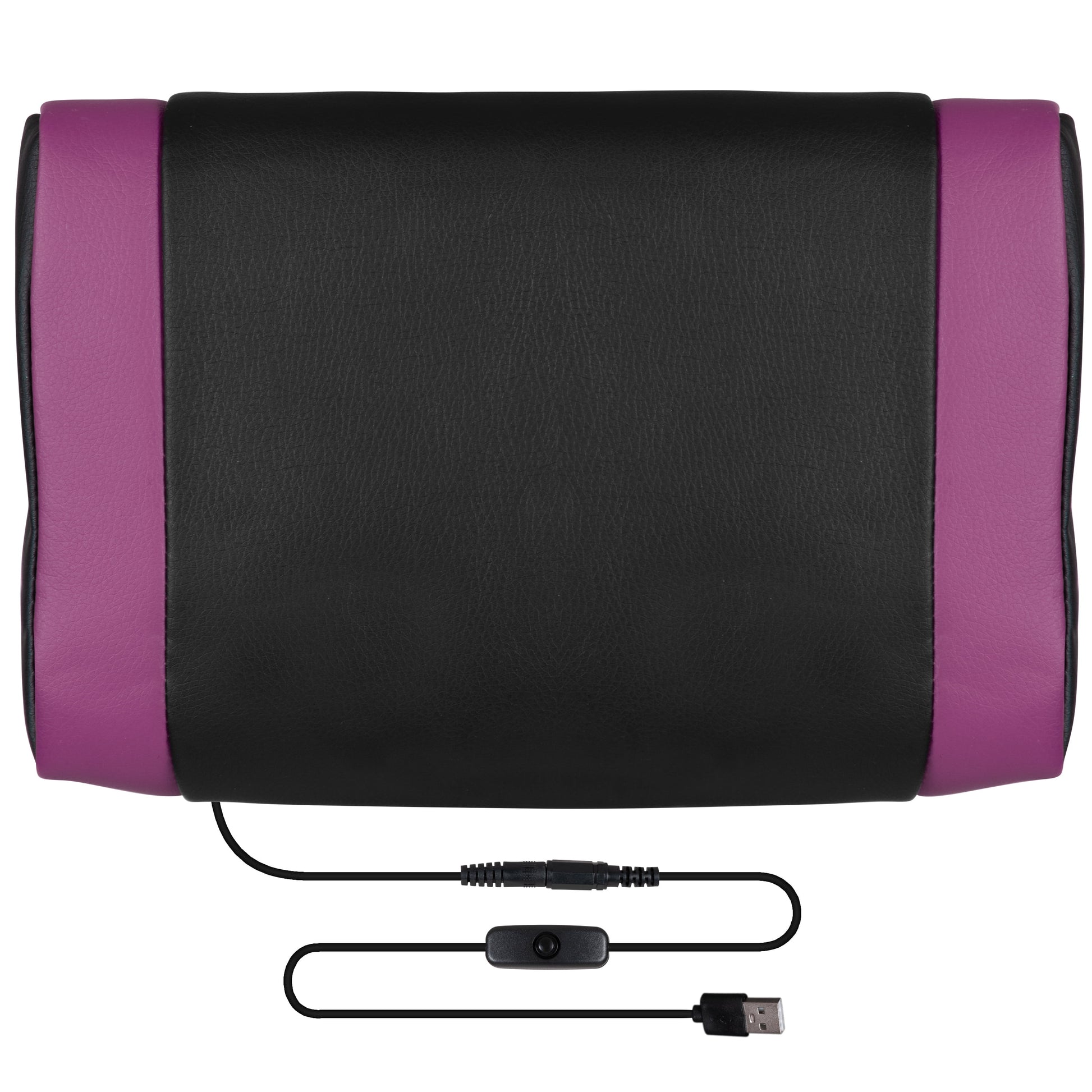 Black and purple USB-powered gaming neck pillow with textured surface