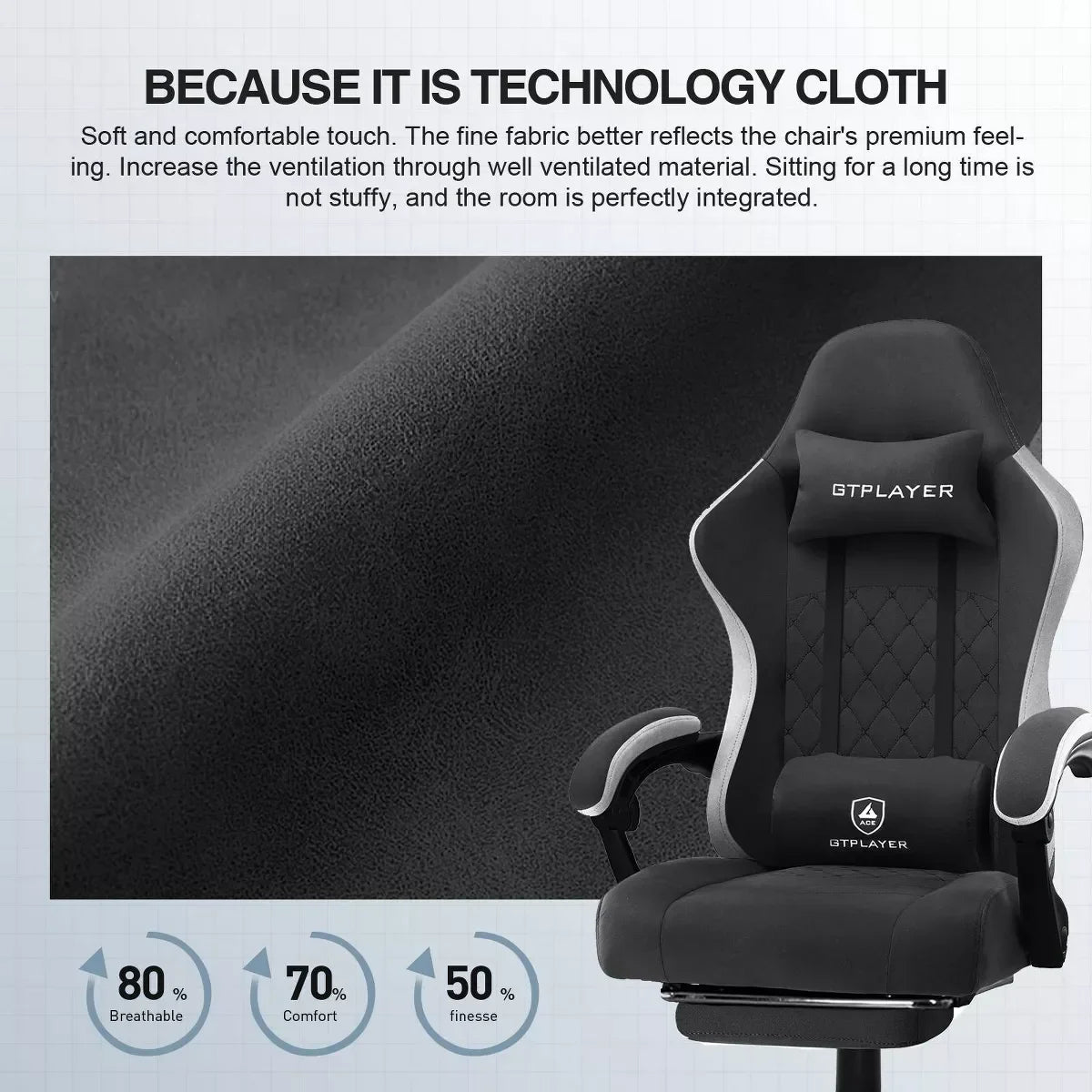 GTPlayer black ergonomic gaming chair with breathable technology fabric and lumbar neck pillows