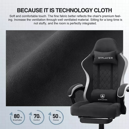 GTPlayer black ergonomic gaming chair with breathable technology fabric and lumbar neck pillows