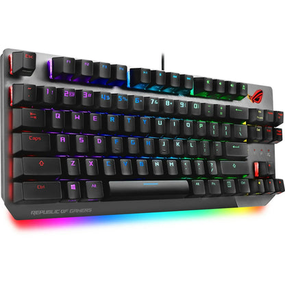 Republic of Gamers RGB mechanical gaming keyboard with customizable backlit keys and brushed metal finish