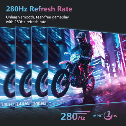 Gaming monitor showcasing 280Hz refresh rate with fast, smooth display of a motorbike rider in neon cityscape
