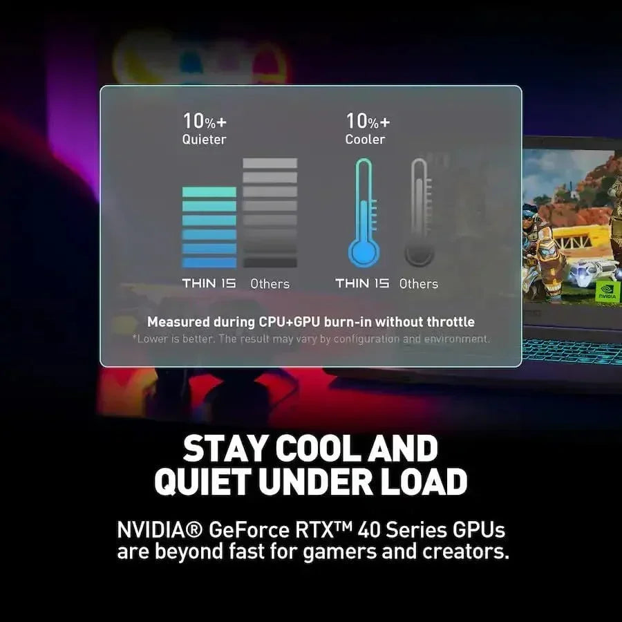 Gaming laptop with NVIDIA GeForce RTX 40 Series GPU, featuring cooling and quiet performance infographic.