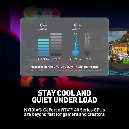 Gaming laptop with NVIDIA GeForce RTX 40 Series GPU, featuring cooling and quiet performance infographic.