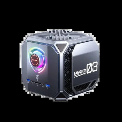 Cube-shaped gaming mini PC with RGB lighting and TANK 03 branding, side ports visible