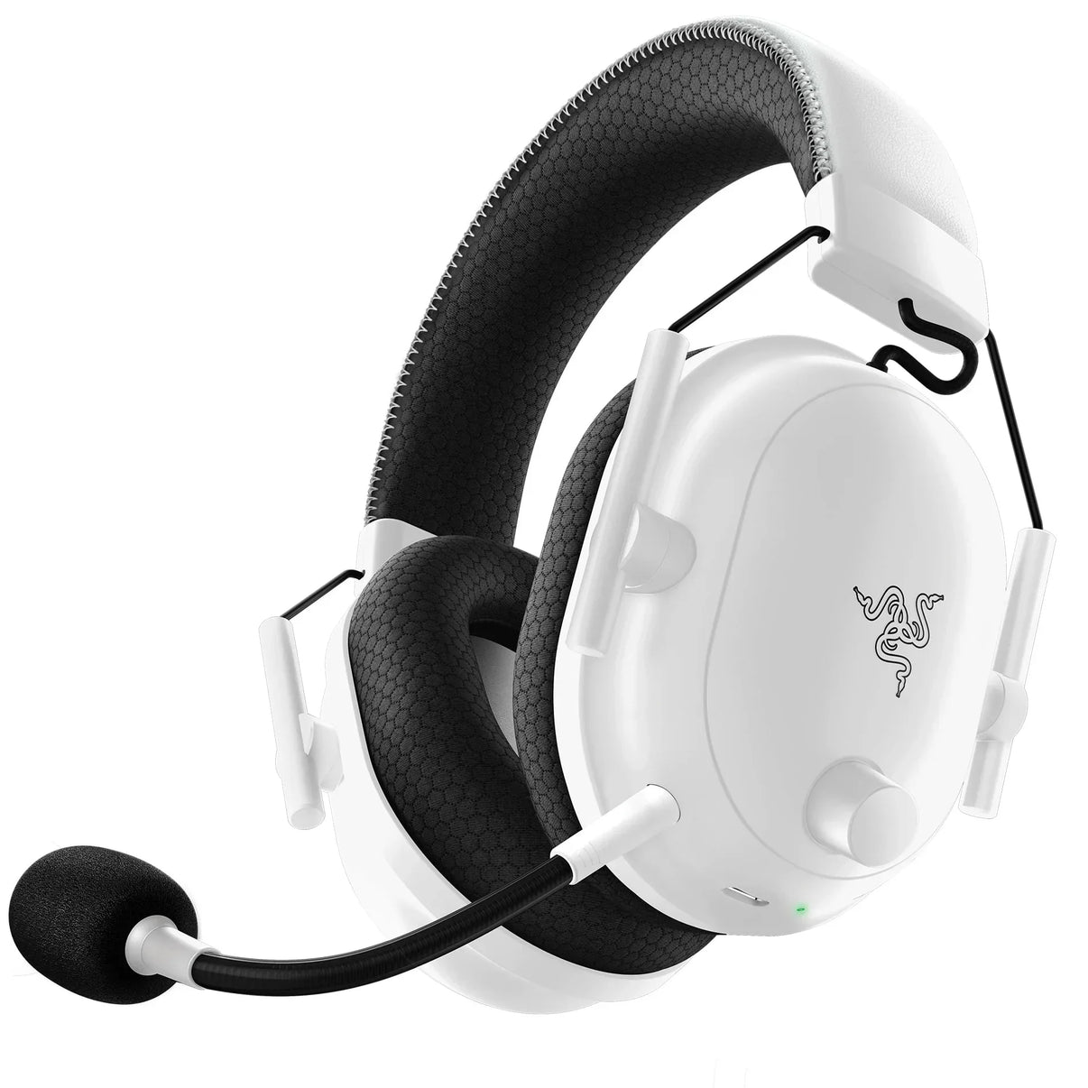 White gaming headset with black padded ear cushions and adjustable microphone by Razer