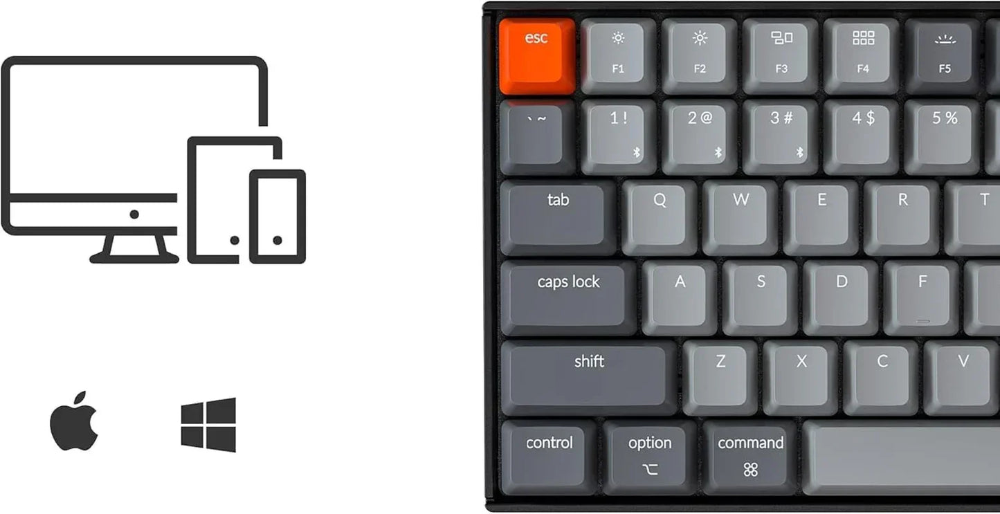 Retro gray mechanical keyboard with orange escape key, Apple and Windows compatibility icons, modern gaming gear