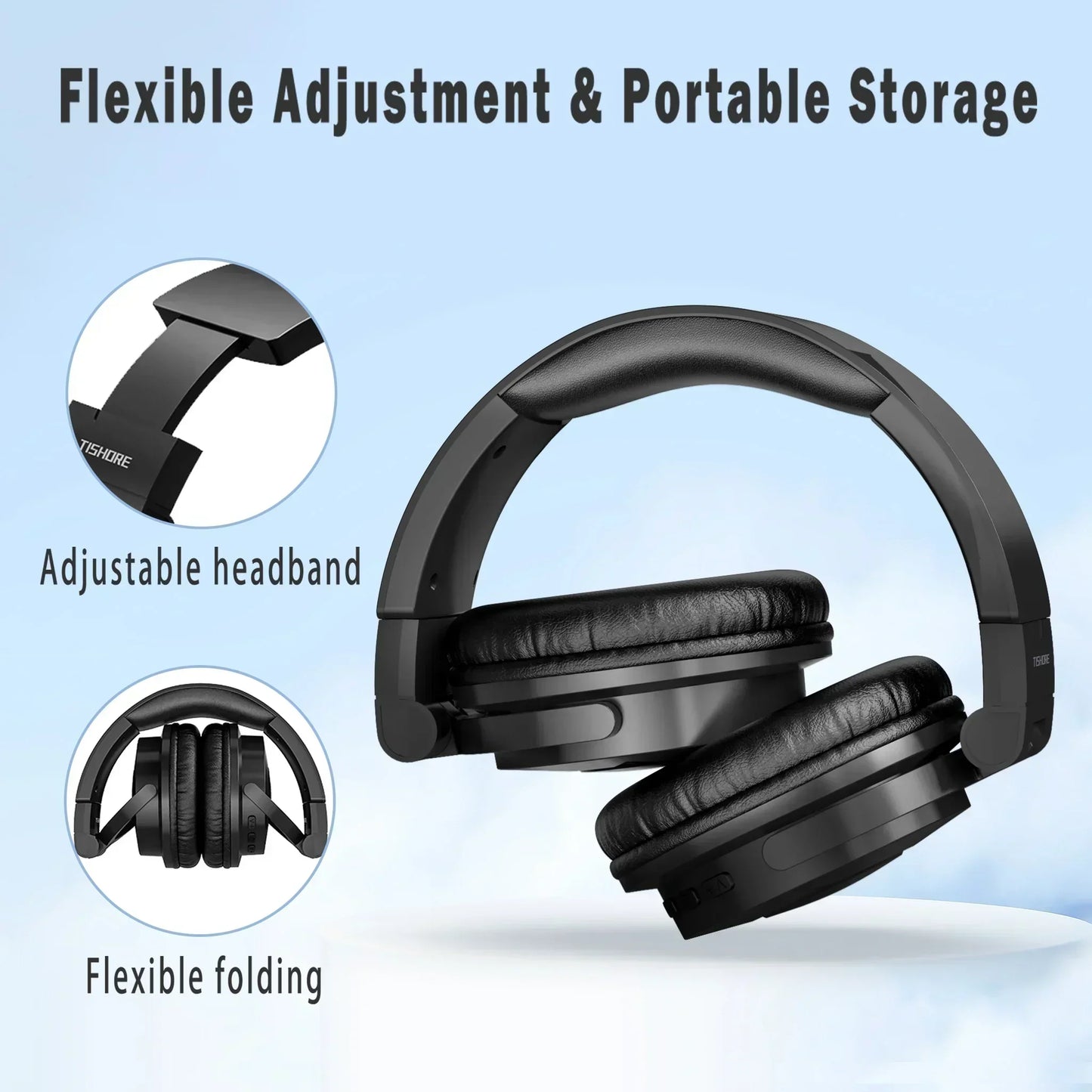Black over-ear headphones with adjustable headband and foldable design for portable storage