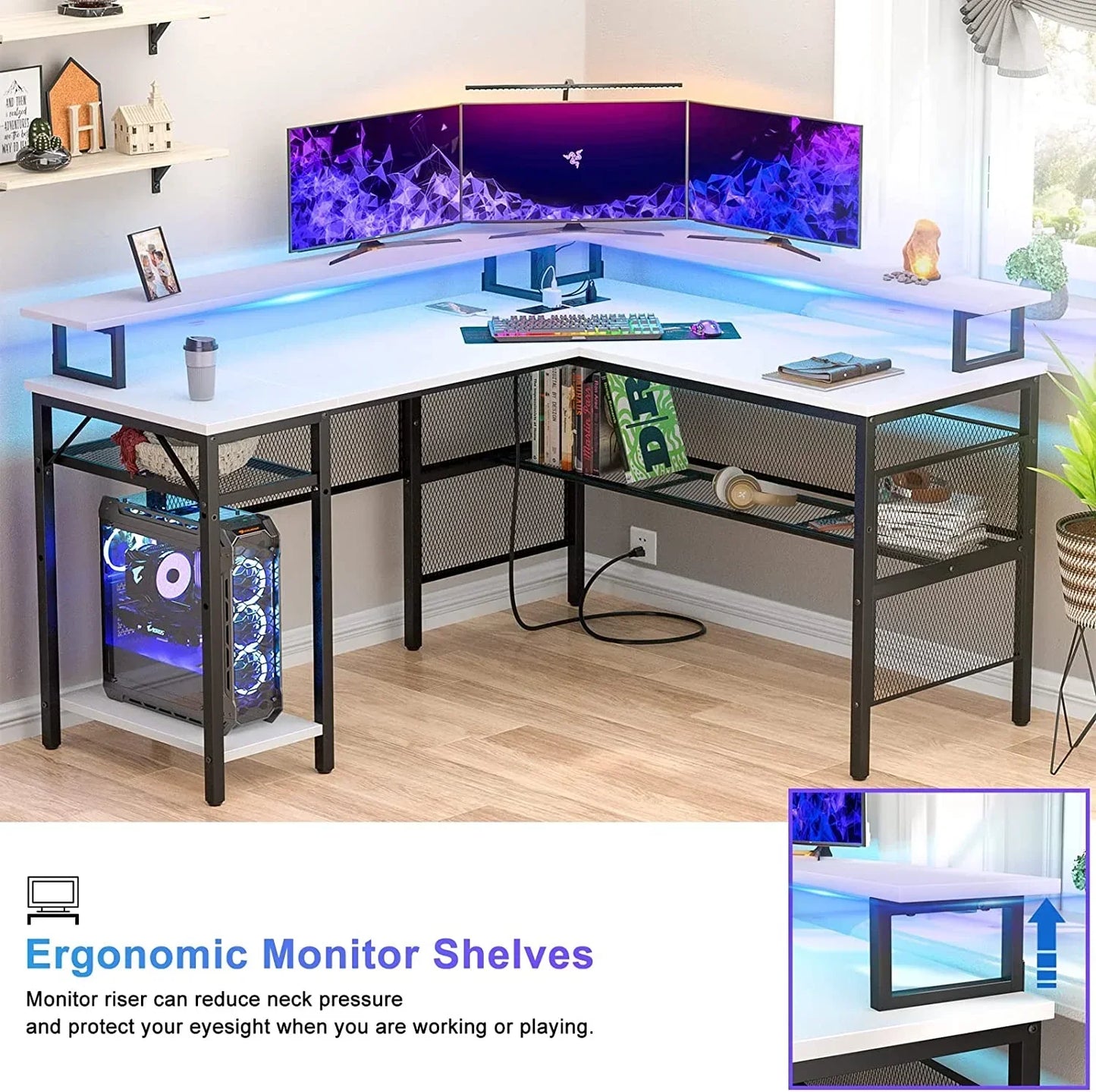 White L-shaped gaming desk with ergonomic monitor shelf, triple screens, LED keyboard, and PC tower