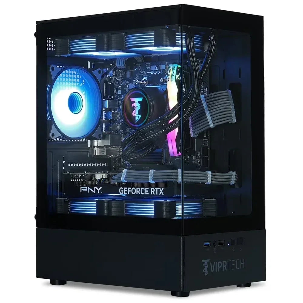 RGB gaming PC with GeForce RTX graphics card and liquid cooling in a glass case