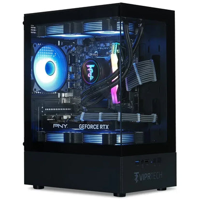 RGB gaming PC with GeForce RTX graphics card and liquid cooling in a glass case