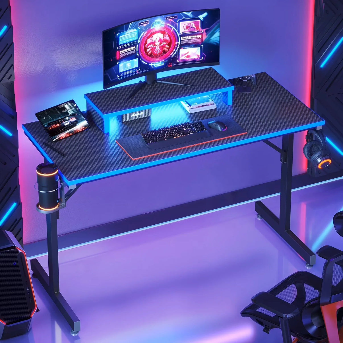Modern gaming desk setup with carbon fiber texture, curved monitor, mechanical keyboard, mouse, and RGB lighting
