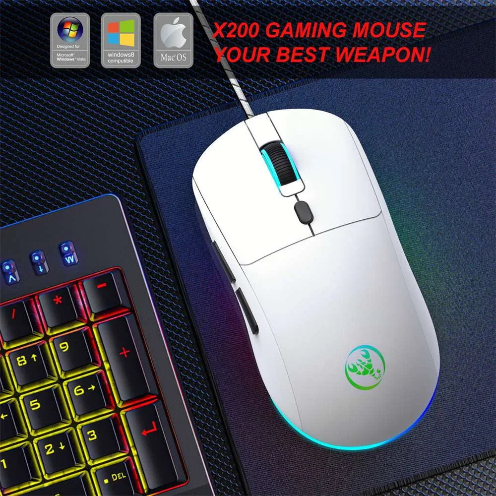 White X200 gaming mouse with customizable RGB lighting on a blue mouse pad next to a backlit gaming keyboard