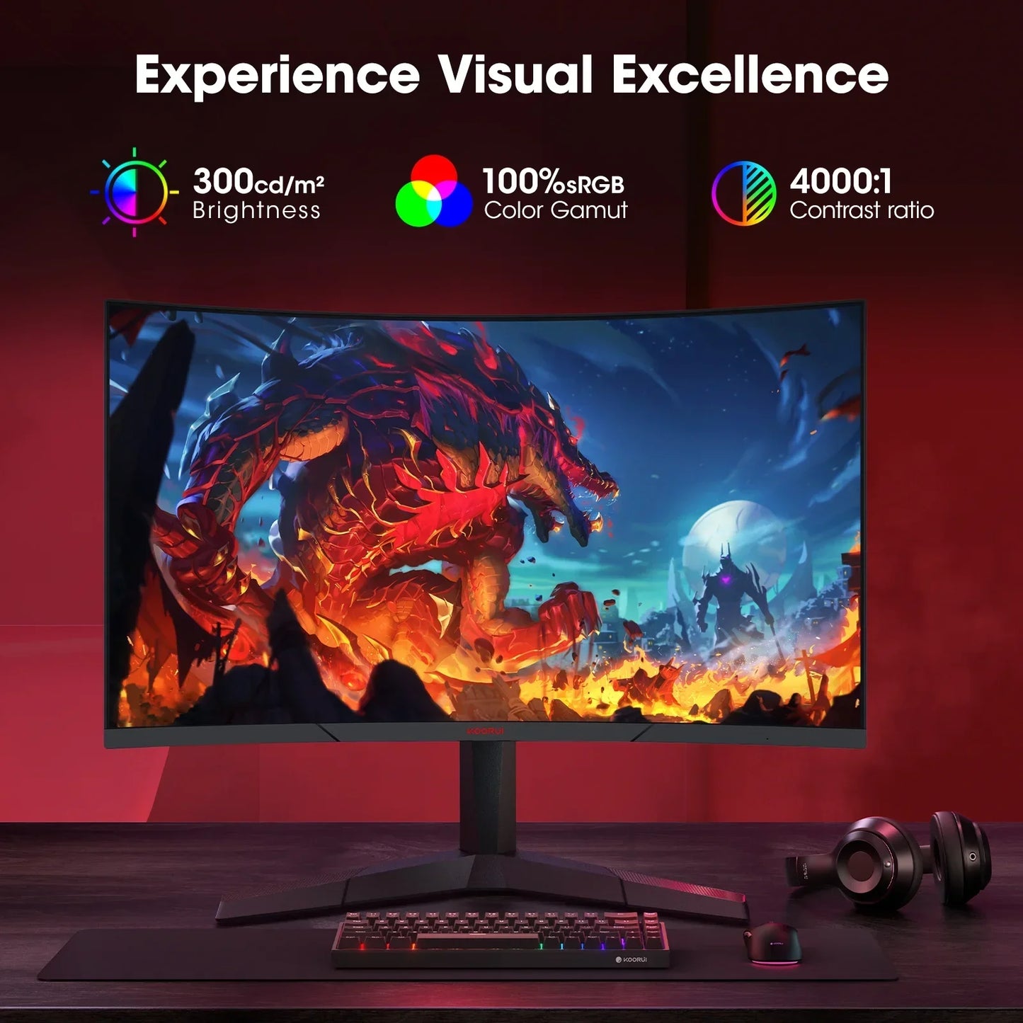 Curved gaming monitor on desk with dragon battle game screen, RGB keyboard, and headphones