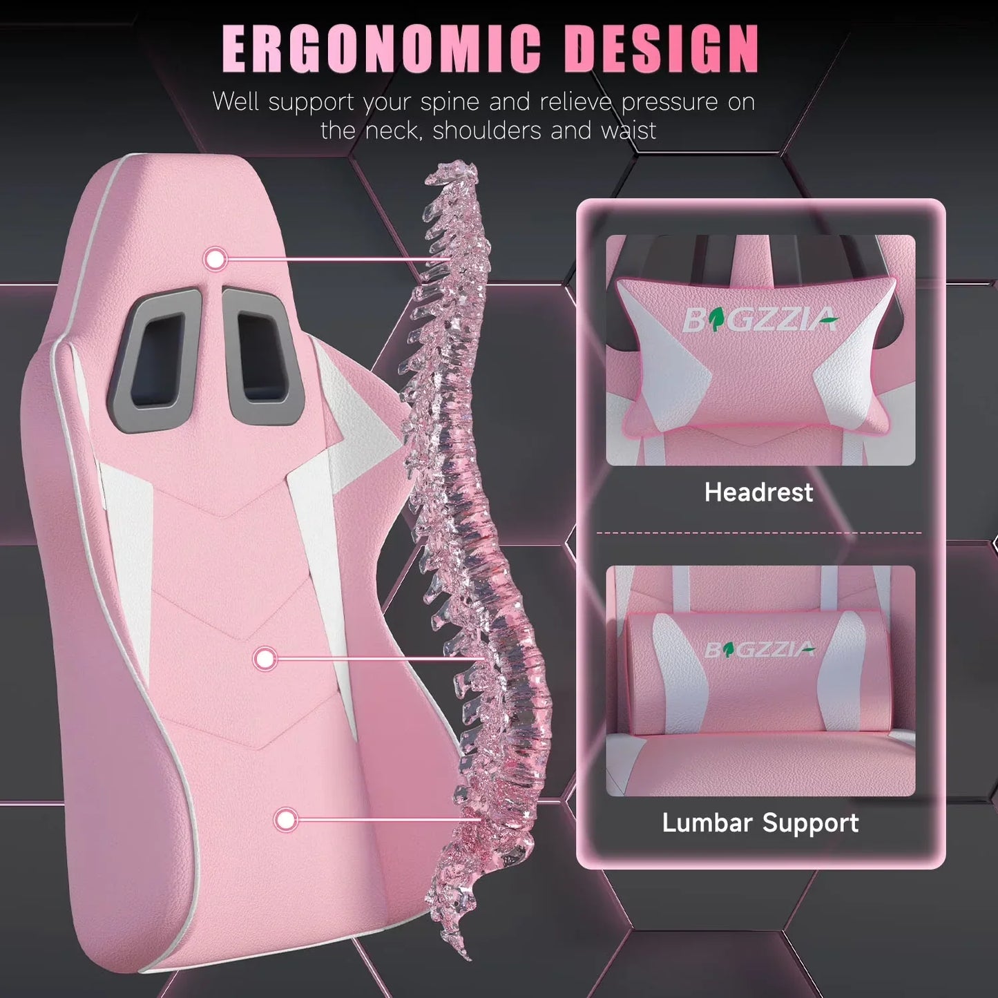 Pink ergonomic gaming chair with spine support, headrest & lumbar cushion for comfort during long sessions
