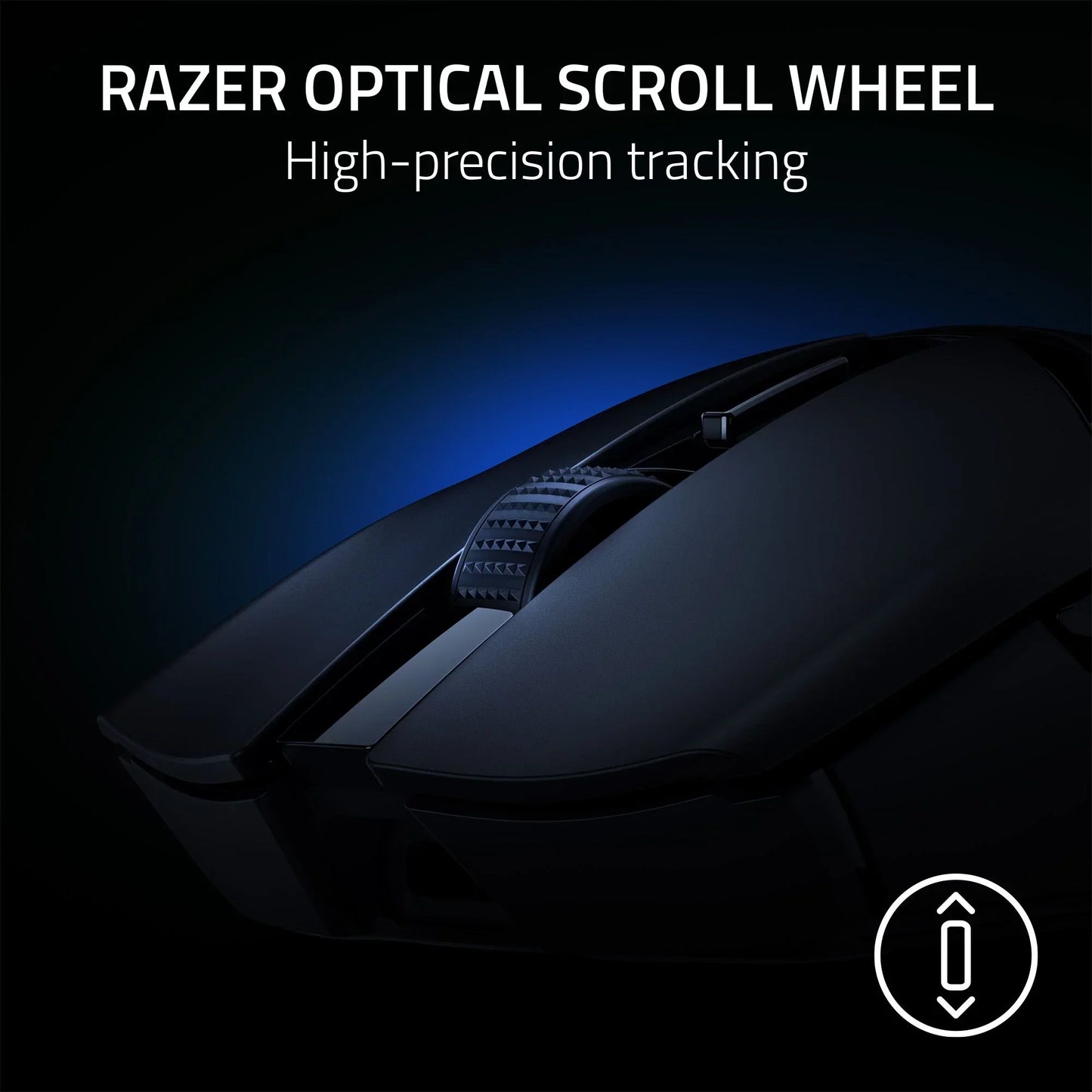 Close-up of a sleek black gaming mouse with a textured Razer optical scroll wheel and high-precision tracking text