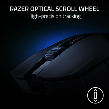 Close-up of a sleek black gaming mouse with a textured Razer optical scroll wheel and high-precision tracking text
