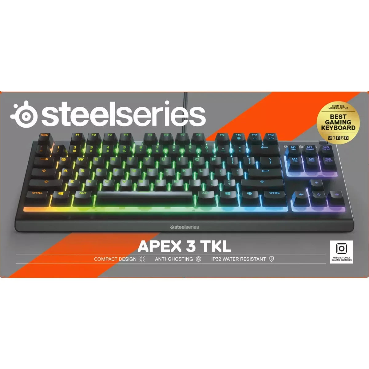 SteelSeries Apex 3 TKL gaming keyboard with RGB lighting, compact design, and water resistance