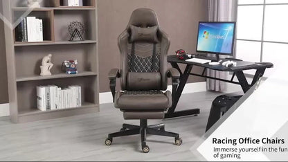 Brown racing office gaming chair in modern room with desk, computer, and bookshelf